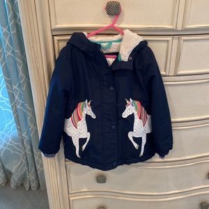 Mini Boden unicorn jacket Sherpa lining with hood size 5-6.  Good condition.